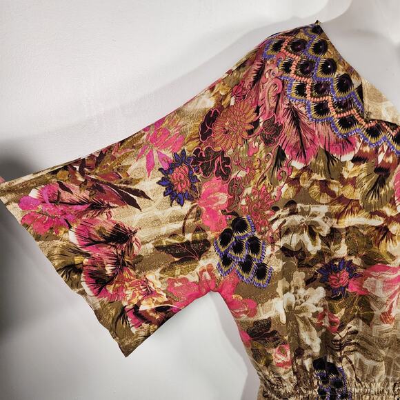 Chicos Peacock Floral Print Beaded Smocked Waist Blouse Size 3 US XL Artsy Boho - Picture 8 of 12